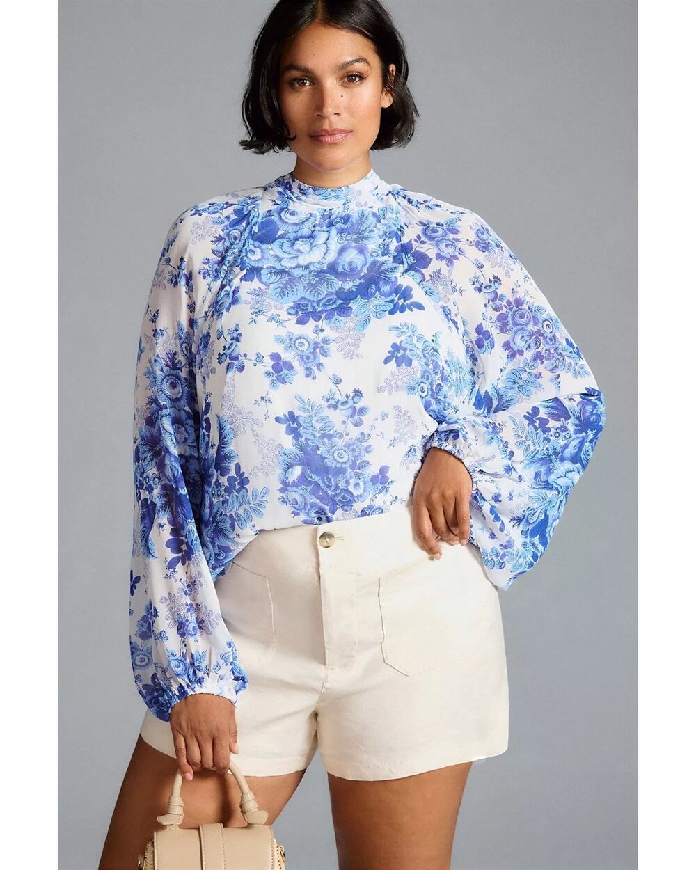Anthropologie Maeve Sheer Chiffon Tunic Blouse Blue Flower Garden Size XL